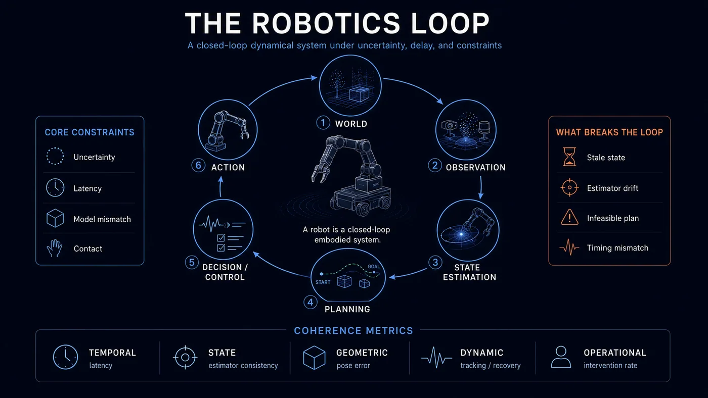 The closed-loop embodied system — sensing, estimation, decision, and action coupled through feedback in a physical world that does not pause.